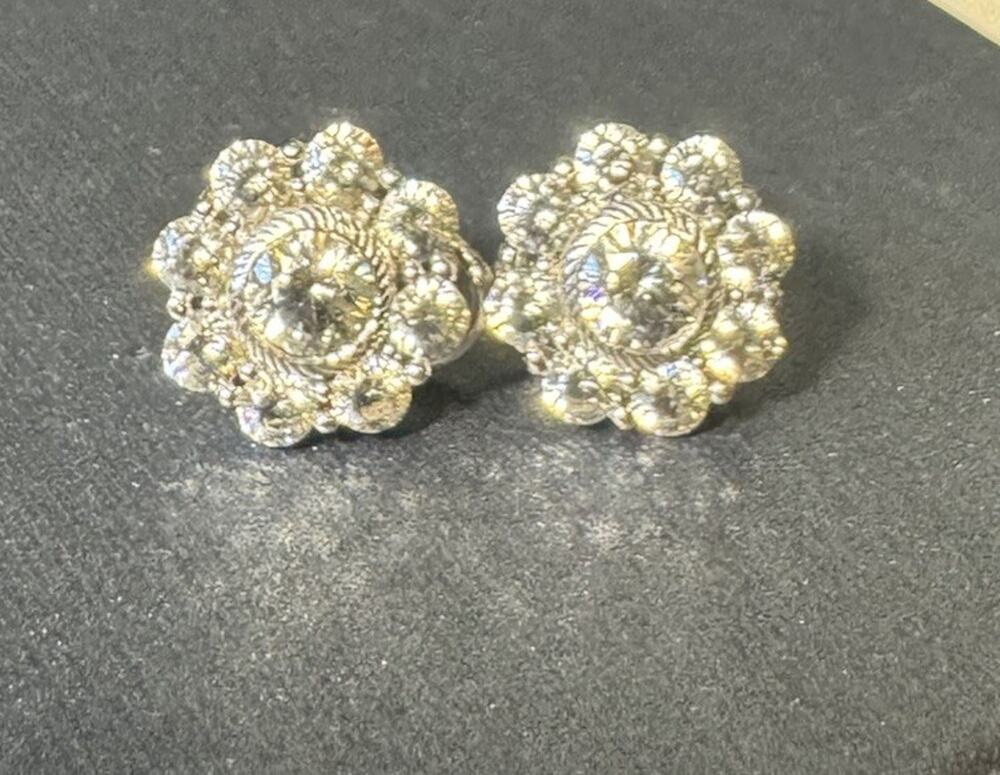 Judith Ripka 925 Sterling Silver CZ Flower Cluster Omega Back Earrings